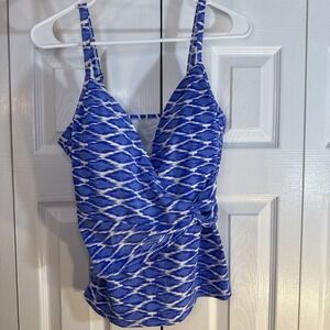 CHRISTINA WOMEN'S SIZE 14‎ SWIMWEAR TOP WHITE BLUE WRAP SWIMSUIT SLIMMING